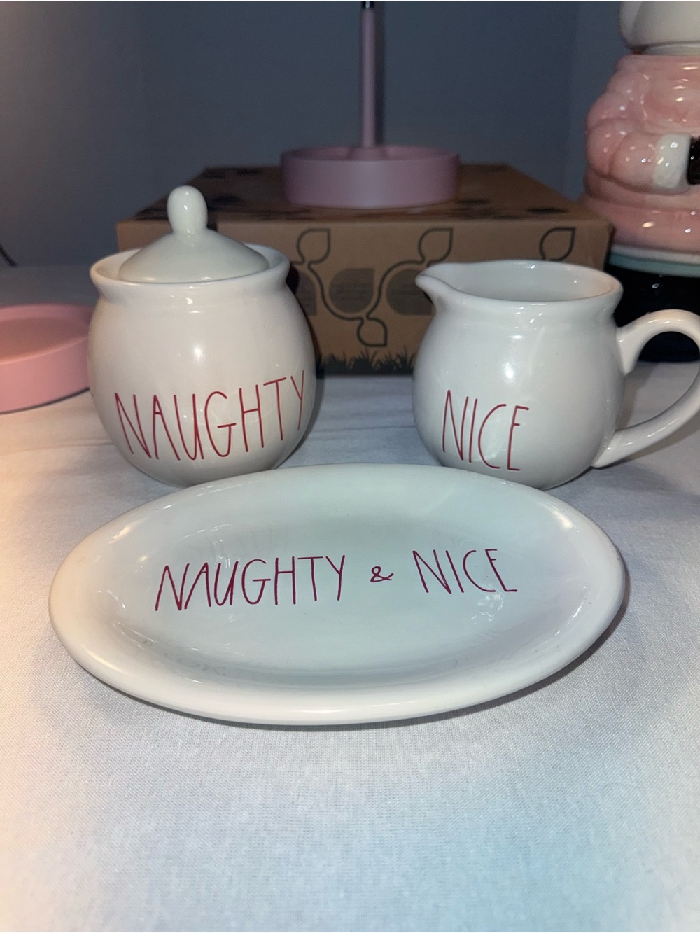 Rae Dunn Naughty & Nice White Ceramic Sugar Bowl, Creamer and Tray Set